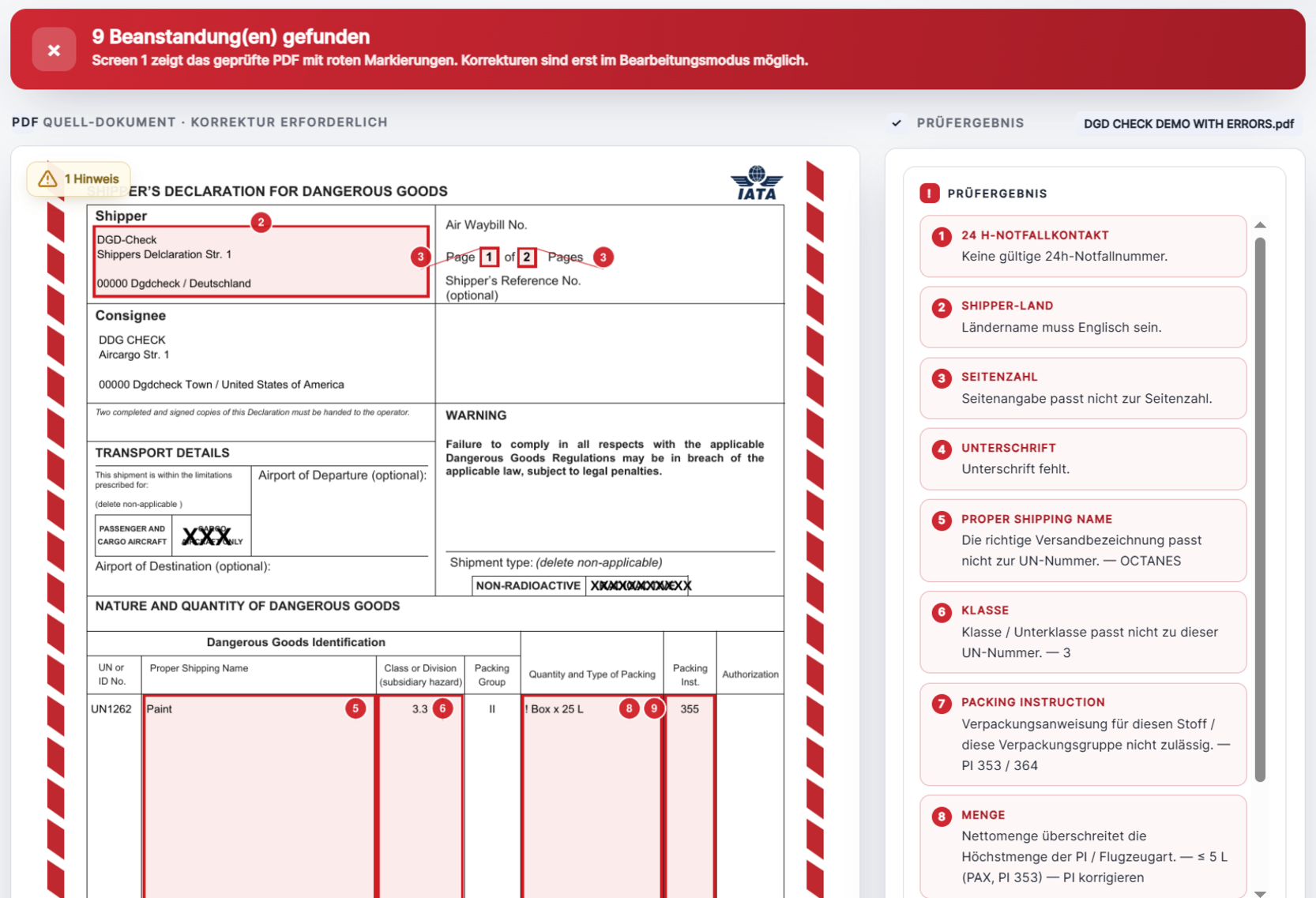 DGD-Check-Befund: geprüfte Shipper's Declaration mit rot markierten Fundstellen und nummerierter Befundliste